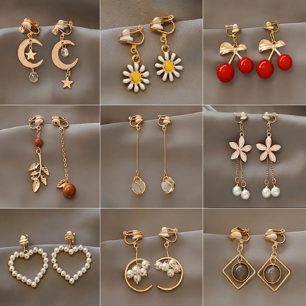 Ear Clip Earrings Exquisite Hollow Imitation Pearl Design Clip On Earrings Women's Tassel Long Clip-On Earrings Non-Pierced