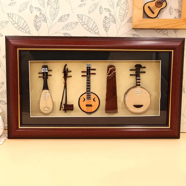 Vintage Chinese Miniature Musical Instruments Framed Pictures Set of 4 Wall  Hang