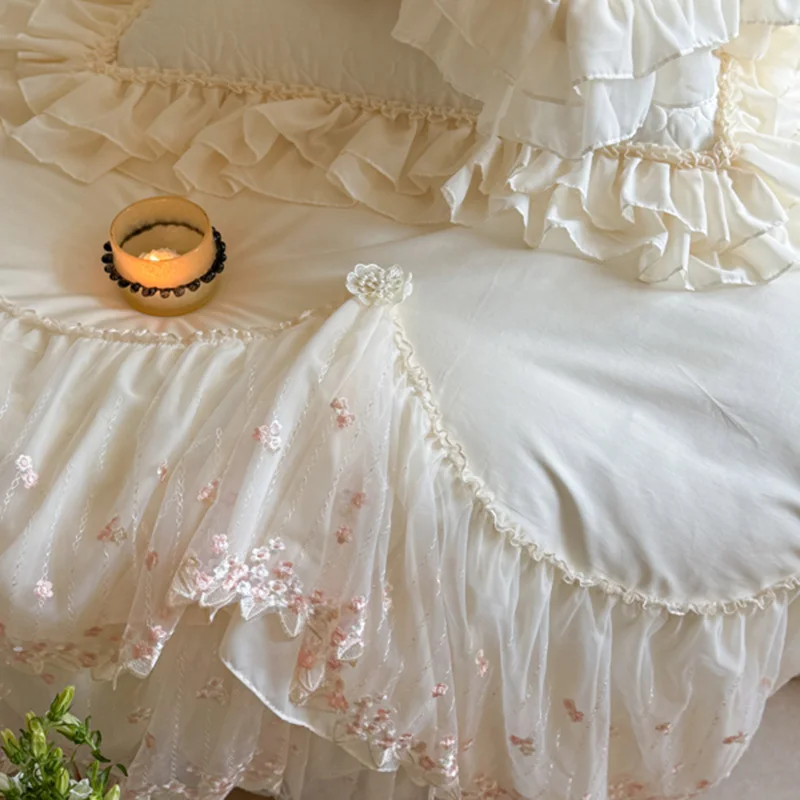 4Pcs Romantic Double Layer Lace Princess Wedding Bedding Set 100% Cotton Duvet Cover Bed Sheet Or Quilted Bedspread Pillowcases 3