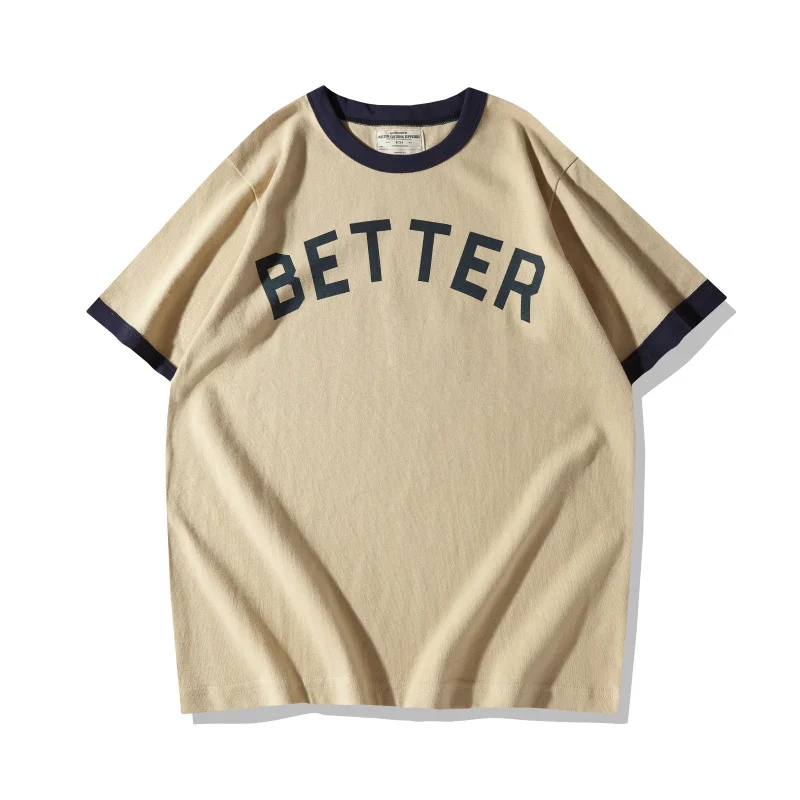 OKONKWO 275g Thick Motorcycle Letter Round Neck T-shirt Color Blocked Thread Heavy Weight TEE Outdoor Riding Sports Half Sleeve