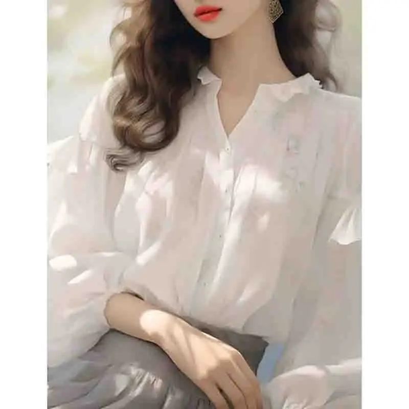 

Advanced sense Women Fashion Small Fragrant Wind White Bottom Cardigan Blouse Female French niche Printed Long Sleeved Shirt Top