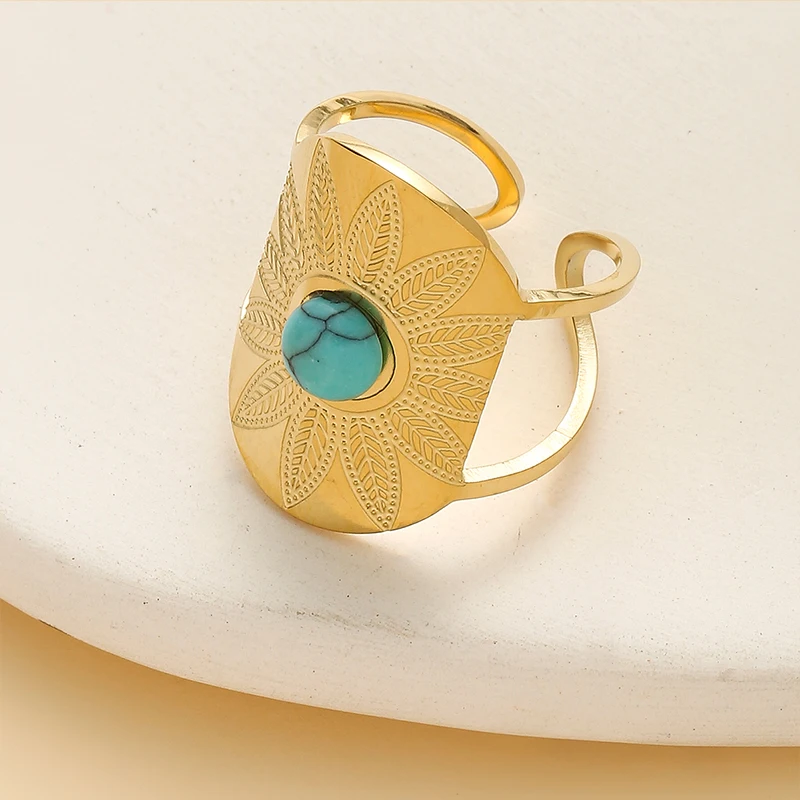 

Vintage Stainless Steel Natural Turquoise Ring Ring For Women Luxury Wide Engraved Flower Open Ring Golden Plated Party Jewelry