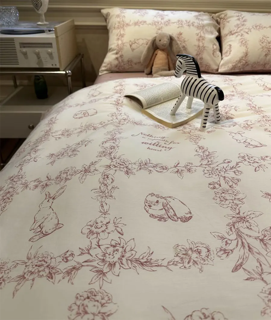 

Vintage red flower rabbit bedding set,twin full queen unusual retro design cotton home textile bed sheet pillow case quilt cover