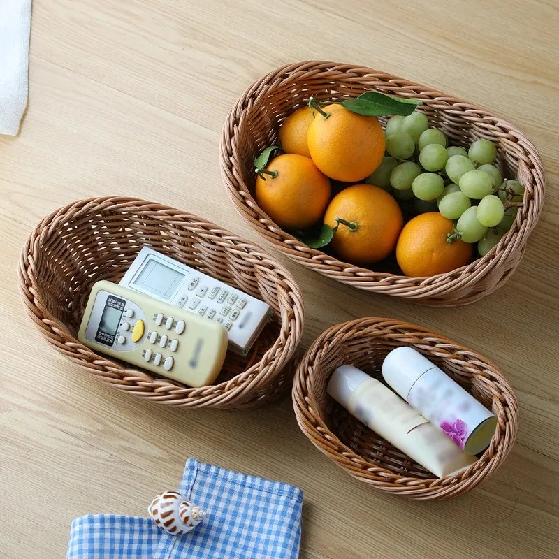 Imitation Rattan Storage Basket Woven Decorative Serving Tray for Fruit Snacks Tabletop Bathroom Kitchen Counter Organizer