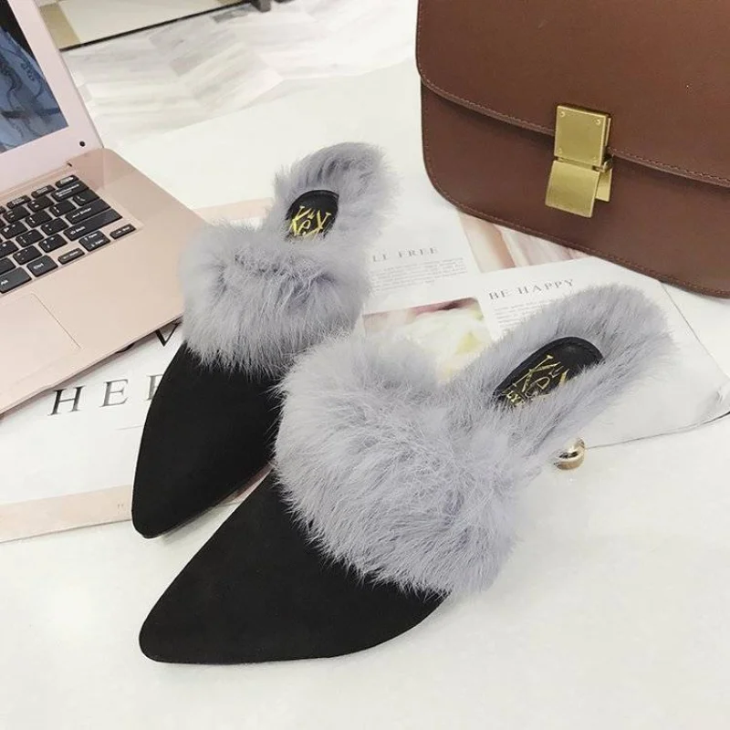 Pantofole Invernali In Pelliccia Calda Donna Muli Di Coniglio Naturale Balck Flip Flop Femminile Fluffy Fur Slides Lady Office Peluche Scarpe Con Tacc