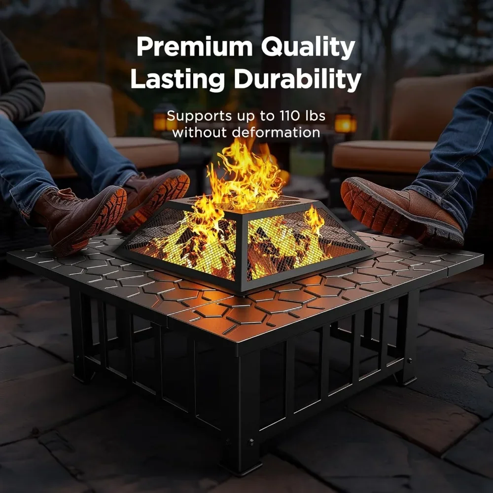 32 Inch 3-in-1 Multi-purpose Outdoor Fire Pit Table Spark Screen 22 Inch Fire Club Rain Cover