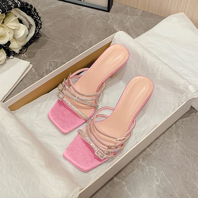 

Square Toe Rhinestone Strap Buckle Hollow Women Slippers Stiletto High Heels Solid Color Slip On Slides Party Shoes Summer Pumps