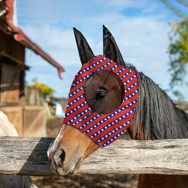 Top Quality Fly Mask For Horses, Breathable Summer Protection With Blue Star Flag Design 5
