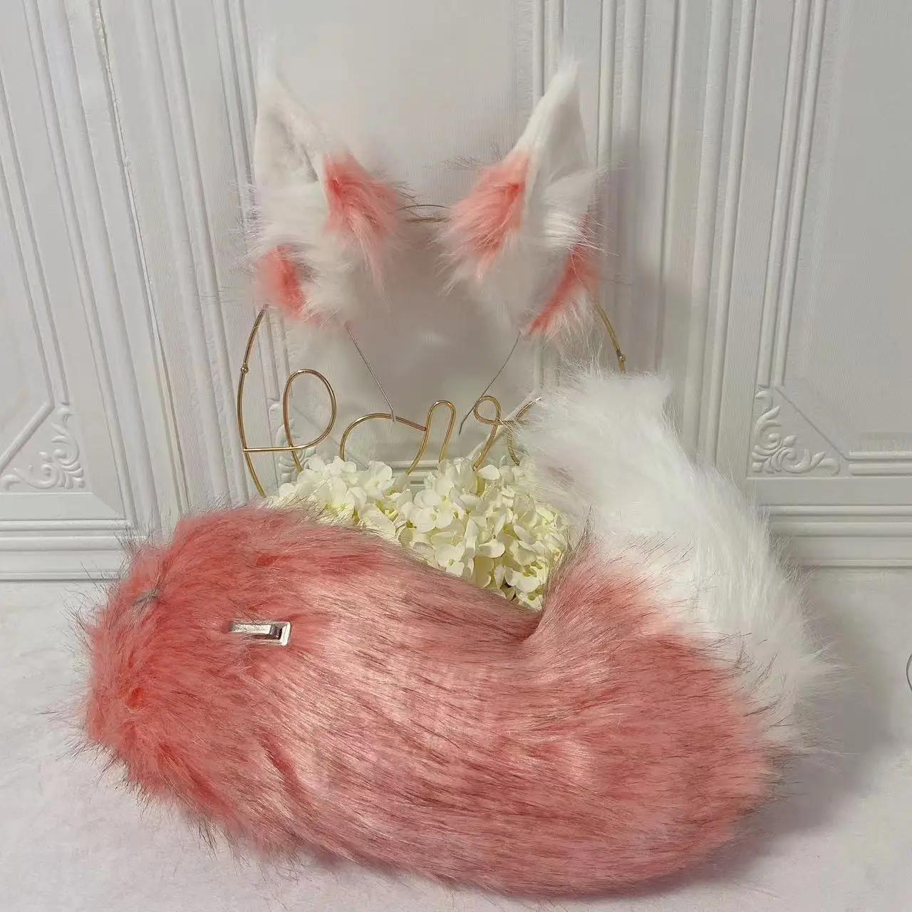 

21.5in pink white fox tail and wolf ears-handmade animal ears-COSPLAY costumes-LOLITA decoration accessories-performance props-f