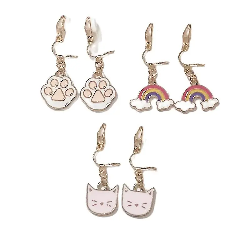 Rainbow Cute Mini Cat Bear Paw Clip on Earrings 3pairs/set for Children Girls No Pierced