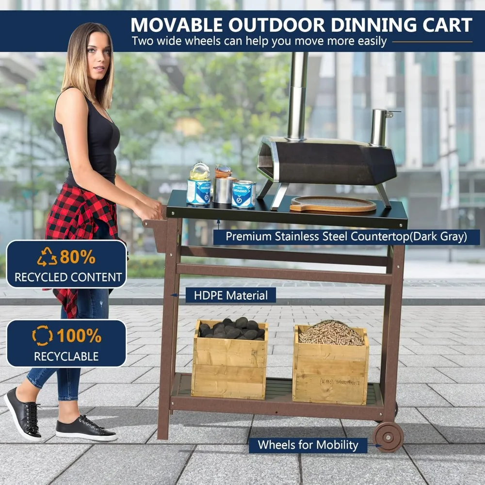Outdoor Prep Dining Table,Movable Pizza Oven Stand, Stainless Steel Patio Bar Cart,Patio Grilling Backyard BBQ Grill Cart