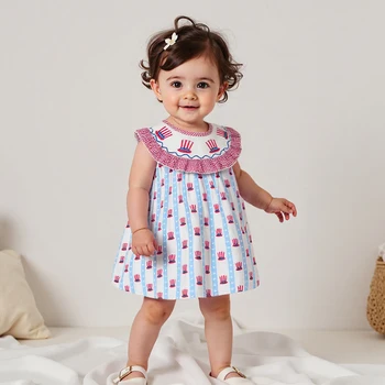 Cute Baby Girls Patriotic Sleeveless Dress with Stars and Stripes Print Ruffled Trim and Bow Detail for Independence Day 5