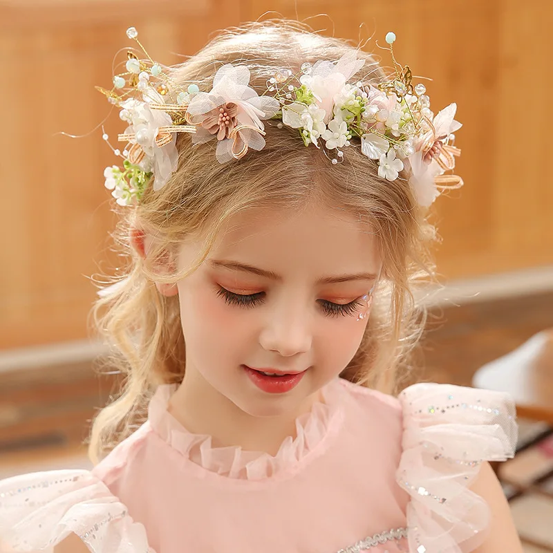 Hair Headdress Spring Bohemian Girls Bridal Pearl Hair Headdress Flower Wreath Bride Garland Head Hoop Headbands Hair Jewelry Children Gifts
