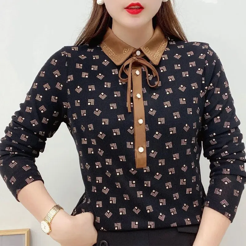 Vintage Peter Pan Collar Chic Diamonds Blouse Spring Autumn Plaid Printed Stylish Button Long Sleeve Female Loose Elegant Shirt cokal high quality plaid vintage pocket office women s stylish slim casual style blazer single button suit jacket