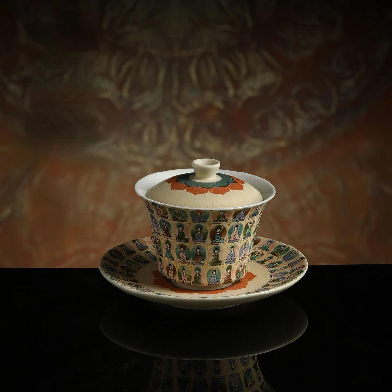 Ceramic San Cai Covered Bowl Hand-painted Thousand Buddha Tea Cup Kung Fu Tea Set Brewing Bowl Cups