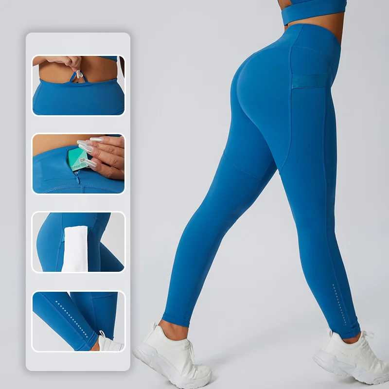 

Women Yoga Pants Side Loop Nylon Spandex High Waist Butt Lift Gym Fitness Leggings Reflective Running Tights with Zip Pocket