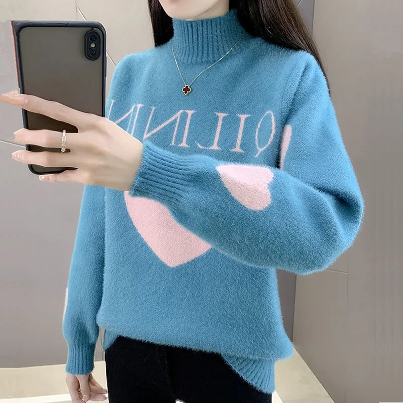 

Half Turtleneck Imitation Mink Cashmere Knitted Sweater Letter Love Pattern Casual Long Sleeve Autumn New Ladies Knitwear Jumper