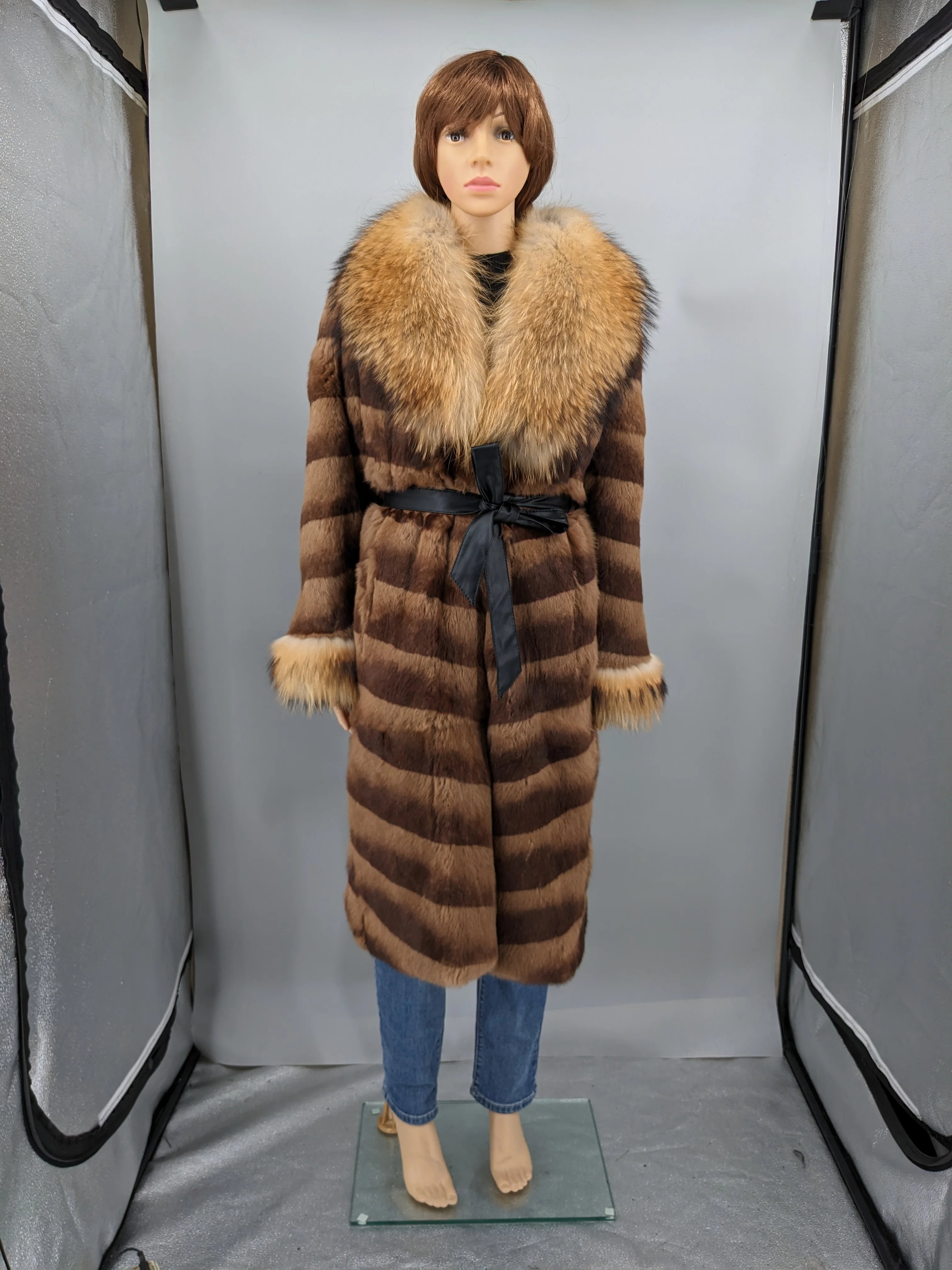 real rabbit fur long coat with racoon fur collar and racoon fur cuffs full 