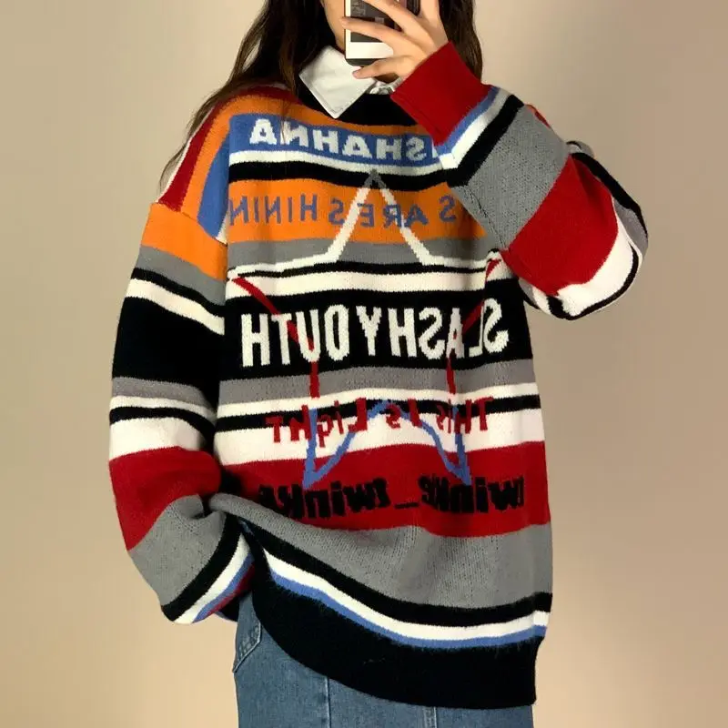 

2022 Vintage striped letters Knit Sweater Women Autumn Winter New Long Sleeve O neck jumper Women Top Fashion Casual Sweaters