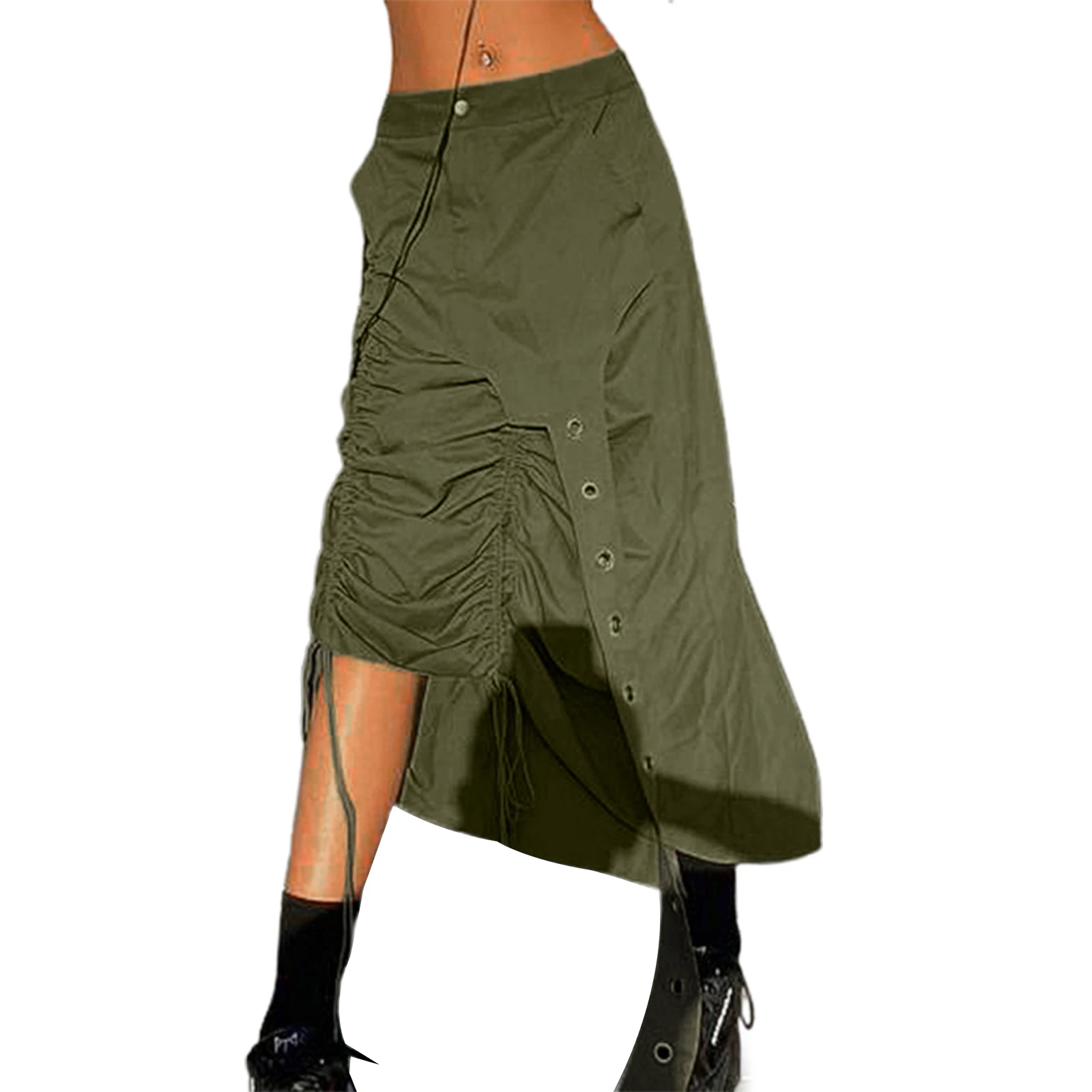 

Fashion Women's Solid Color Ruched Skirt, Buttons Closure Tie-Up Bandages Cutout Holes Long Strap Street Style Irregular Skirt