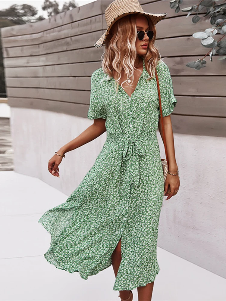 knee length dresses for ladies Short Sleeve Pink Floral Casual Midi Dress– PromGirl main image 1