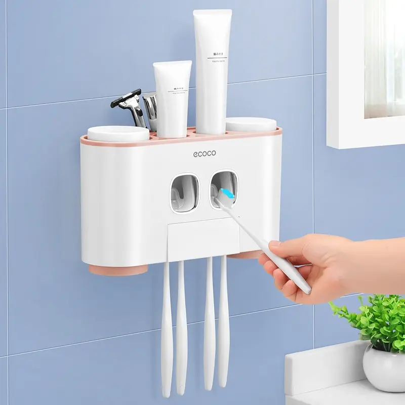 Toothbrush Holder Wall Mounted for Bathroom, Automatic Toothpaste Dispenser  Kit with Magnetic Cups Kids &Family Set Toothbrush Holders, Storage