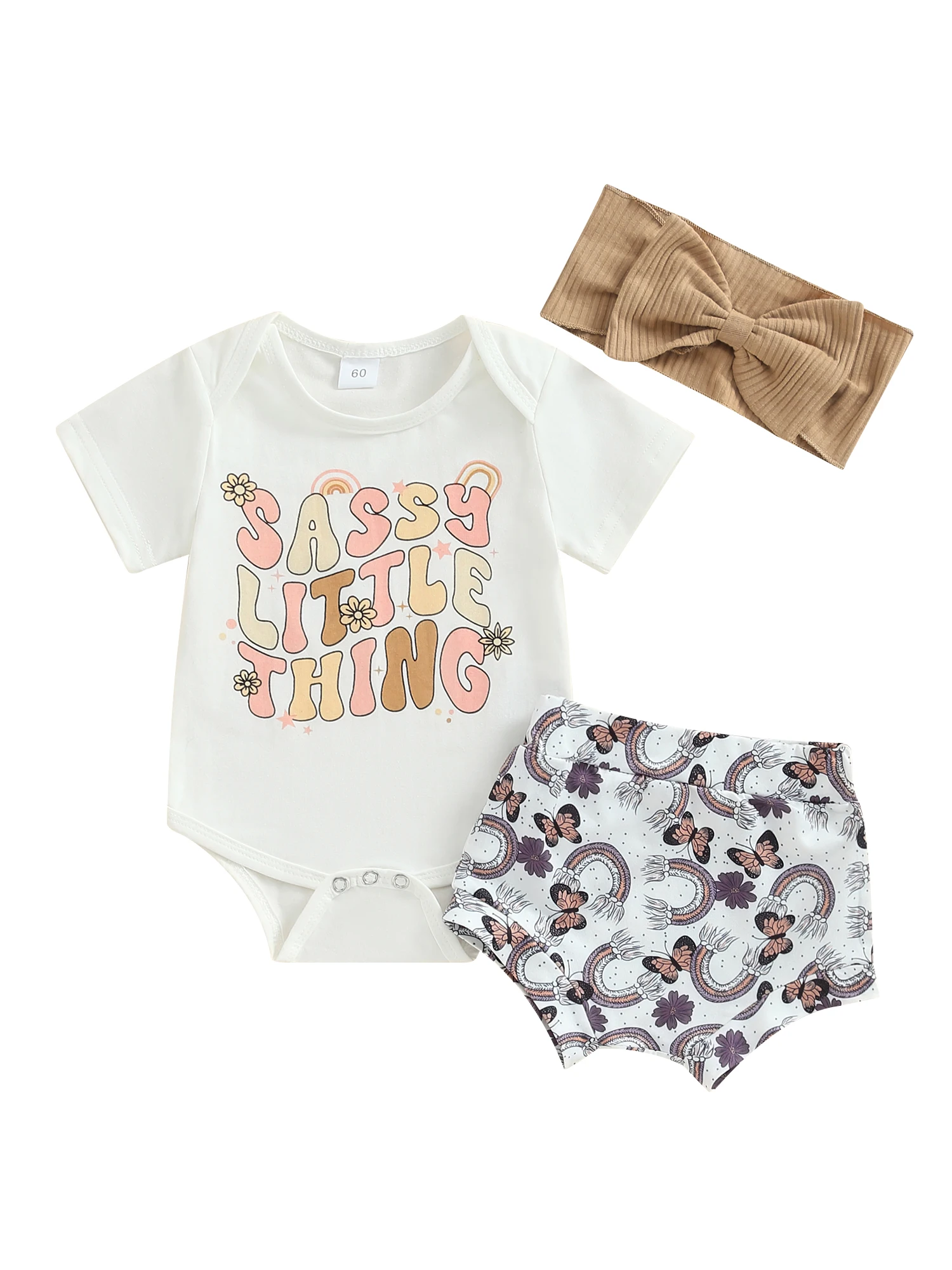 

Newborn Baby Girls Summer Clothes Letter Print Short Sleeve Romper and Elastic Rainbow Shorts Headband Outfits Set (White 3-6)