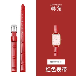 Elegant Women's Glossy Genuine Leather Watch Strap - Ultra - Thin, High - Quality, Soft Wrist Bracelet - 8mm (A - Red - silver)