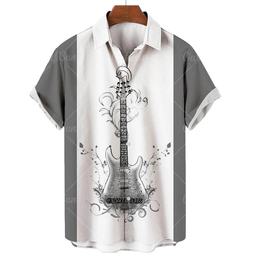 Hawaiian Men's Shirt 3D Harajuku Guitar Jazz Print Tops V-Neck Casual Blouses Fashion Tees Button Up Short Sleeve Pop Shirt Male