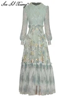 فستان طويل للسيدات لربيع وصيف مصمم على الموضة من Seasixiang مطرز بالخرز ترتر فانوس كم من الدانتيل مرقع من قماش الجاكار فستان عتيق 1