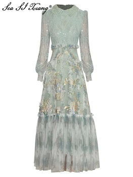 فستان طويل للسيدات لربيع وصيف مصمم على الموضة من Seasixiang مطرز بالخرز ترتر فانوس كم من الدانتيل مرقع من قماش الجاكار فستان عتيق 1