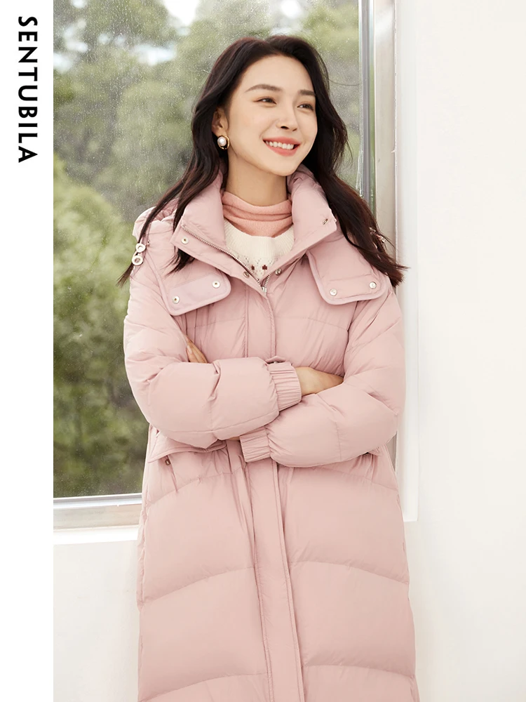 SENTUBILA Women's Casual Hooded Winter Down Jacket 2023 High Quality Mid-Length Down Coat White Duck Down Warm Jackets W34Y50541