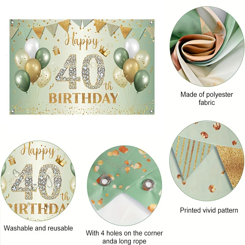 Description Picture 3 of item1SET Golden Green Birthday Banner for 30 40 50 60th Birthday Party Background Banner Decoration Supplies For Photography