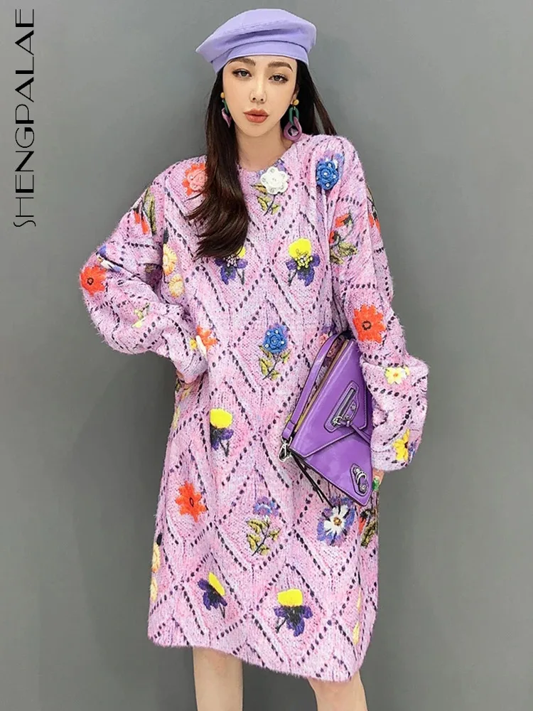 

SHENGPALAE Diamond Lattice Printed Knit Dress For Women Casual Versatile O-neck Sweater Vestido Robe Winter 2023 New Tide 5R8597