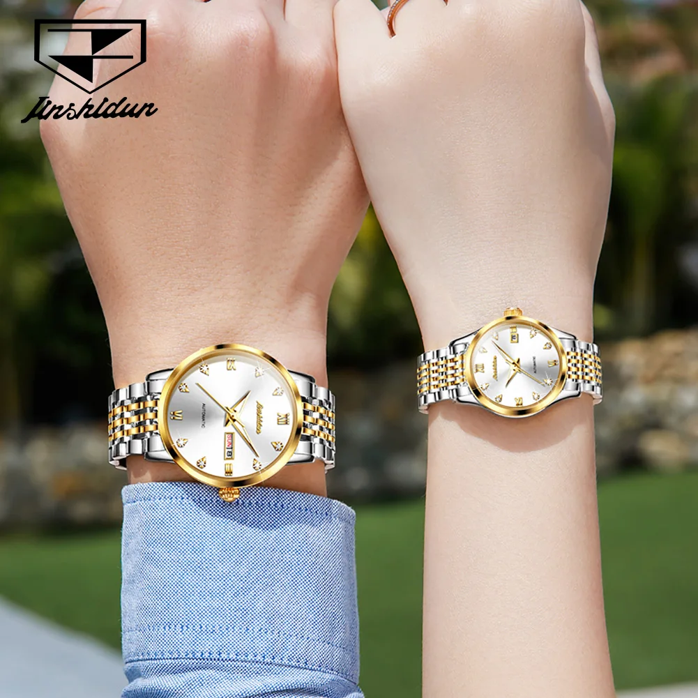 JSDUN 8807 Couple Watches Fashion Business Auto Date Stainless Steel Dress Wristwatch Original Waterproof Mechanical Watches