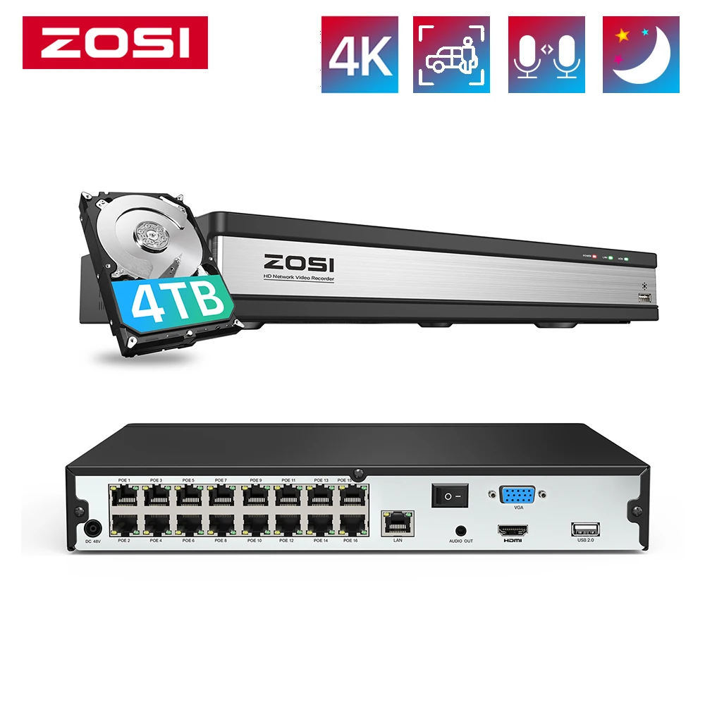 

ZOSI 16CH 4K PoE NVR H.265 Surveillance Network Video Recorder only work with ZOSI 8MP 5MP 2MP PoE Security IP Camera