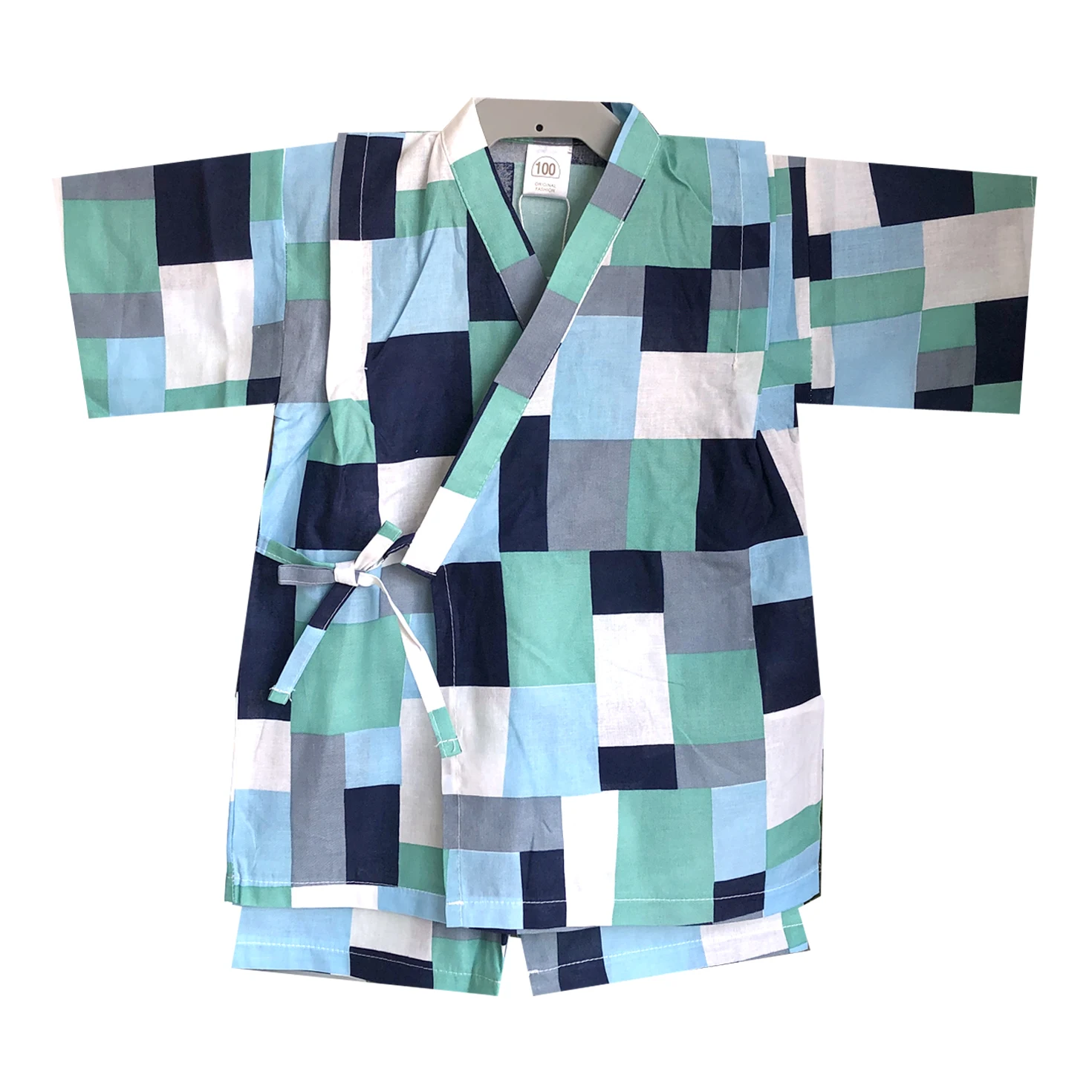 Japanese Cotton Children's Kimono Pajamas Set Boys Baby Short-Sleeved Creative Plaid Print Simple Sleepwear Pajamas Set LC827