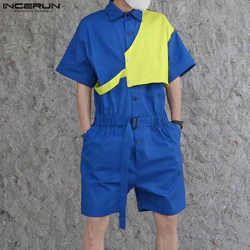 

2023 Men Rompers Patchwork Lapel Short Sleeve Drawstring Irregular Jumpsuits Streetwear Loose Fashion Men Overalls S-5XL INCERUN