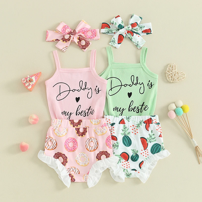 

0-18M Baby Girl Summer Outfits Sleeveless Ribbed Romper + Frill Trim Shorts + Donut Print Headband 3pcs Set Cute Infant Clothes