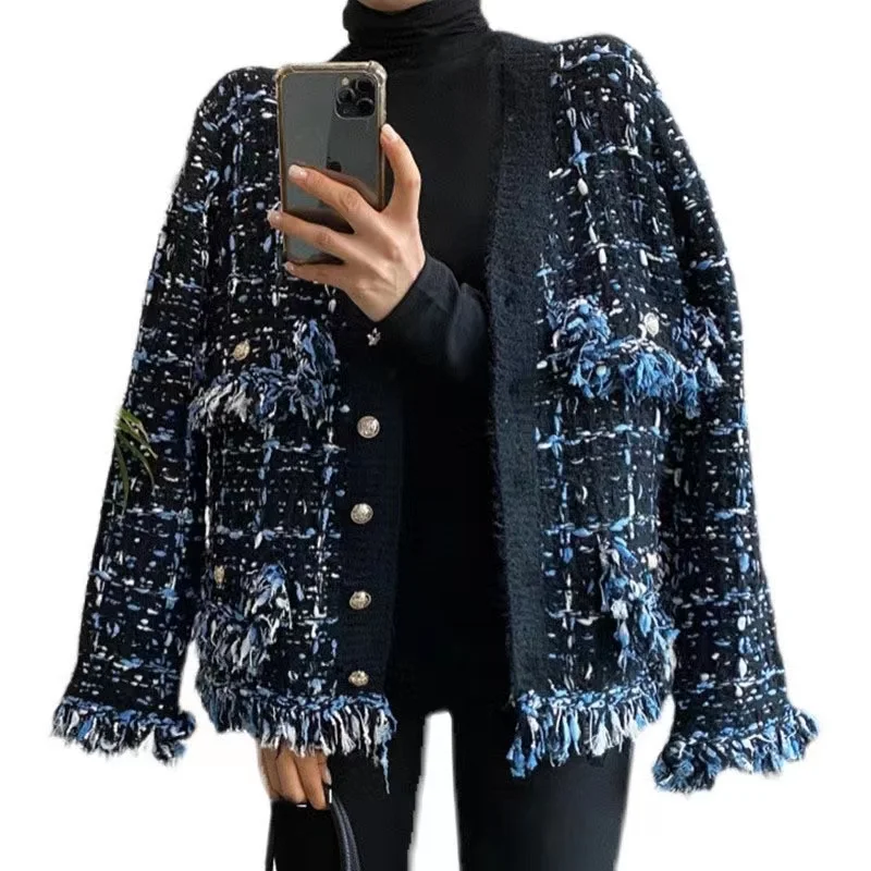 

Small Fragrance Tassel Knitted Cardigan Women V-neck Retro Sweater Outwear