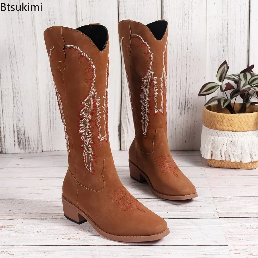 New 2024 Women's Embroidered Long Boots Handmade Thick Heeled Autumn Winter Long Boots Female Cowboy Western Retro Botas Gothic