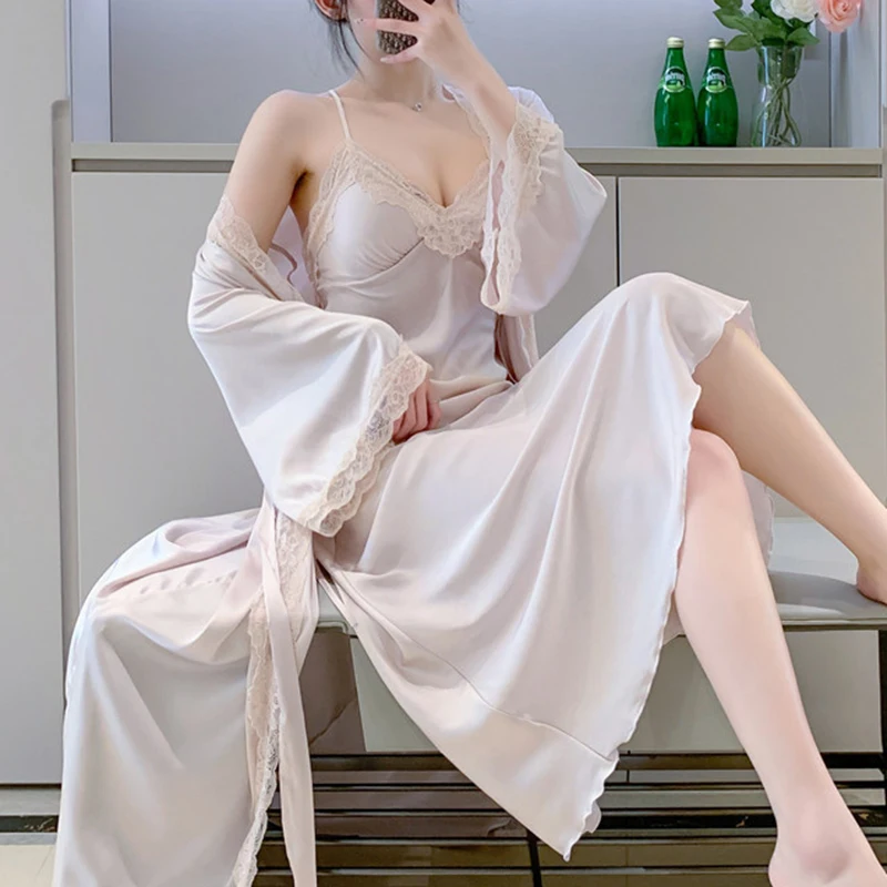 

Женская длинная ночная рубашка, Сексуальная кружевная Свадебная ночная рубашка, одежда для сна, повседневное кимоно, халат, мягкая тонкая атласная домашняя одежда