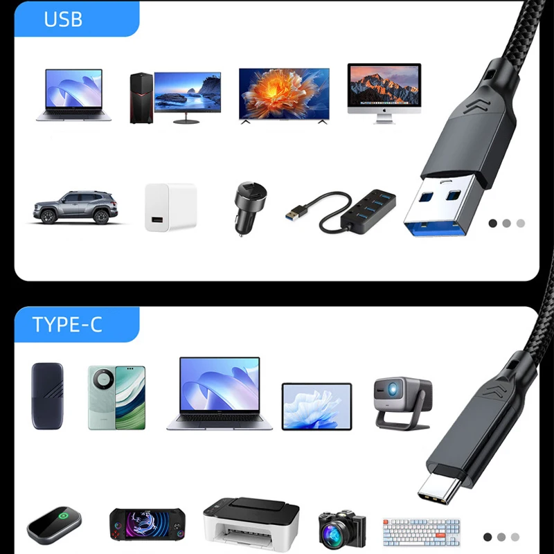 60W USB3.2 10Gbps 데이터 전송 케이블 0.5m/2m USB A to Type C 코드 (휴대폰, 하드 드라이브, 노트북, 자동차, 카메라, 카플레이, 웹캠용)