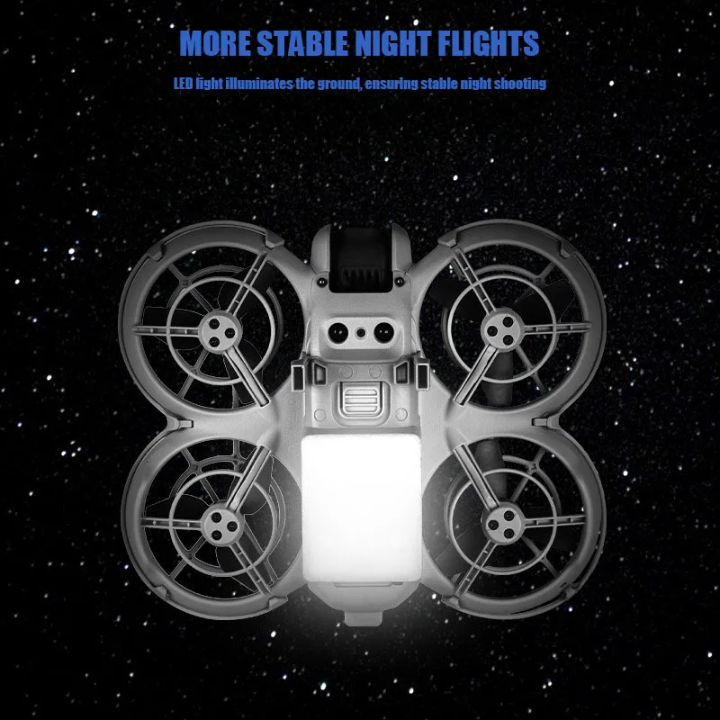 Trépied Lumière LED pour DJI NEO déplié avec un drone DJI NEO posé dessus, en extérieur.