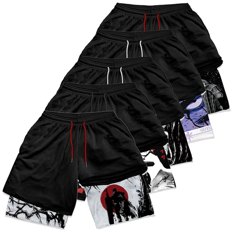 Gym Workout Running 2 in 1 Shorts Men Stylish 3D Print Compression Shorts Pockets Summer Athletic Quick Dry Breathable sports shorts compression shorts