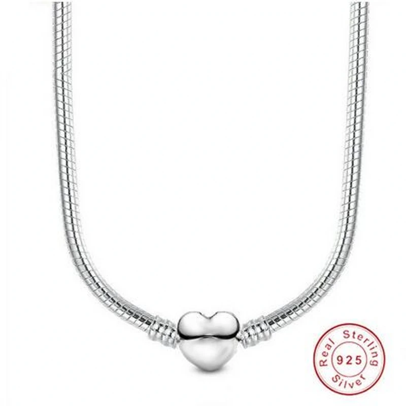 

Heart Love 925 Sterlin Silver Snake Chain Necklace Secure Ball Clasp Beads Charms Chocker Necklace For Women Wedding DIY Jewelry