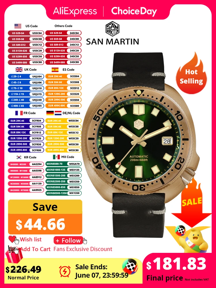 San Martin 44mm Abalone V4 Turtle Solid Bronze Vintage Diver Men