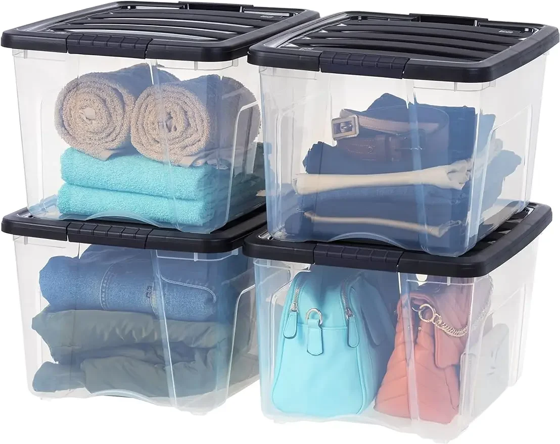 

40 quart stackable plastic storage box with lid and latch, 4 packs - transparent/black, organizing box with lid and latch