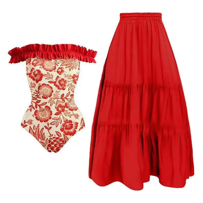 Women's Beach Vacation Suit Skirt Swimwear Bikini Summer Beach Wear New One-shoulder One-piece Swimsuit Cover Up