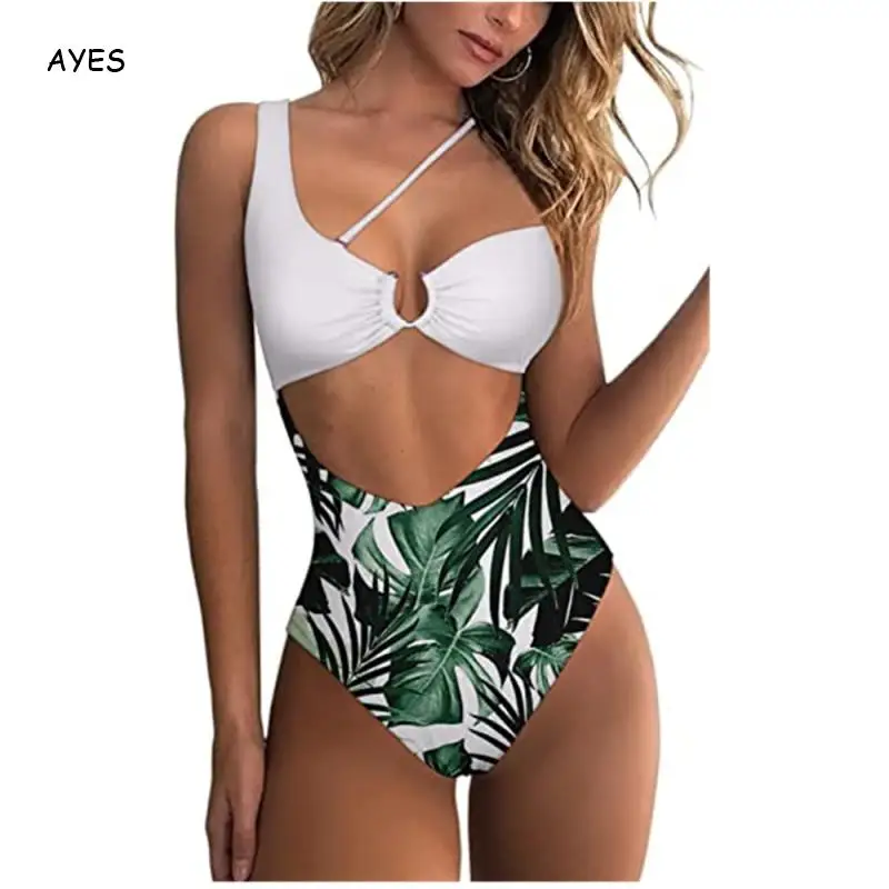 New One Piece Swimsuit Hollow Sexy Suspenders Swimwear Leaf Print High Waist Bikini Swimsuit 2022 Summer maillot de bain femme